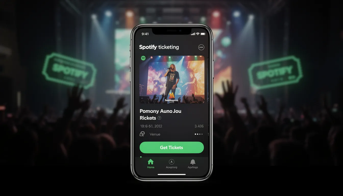The image showcases the Spotify ticketing platform, highlighting features such as upcoming events, concert listings, and ticket purchase options for fans. It emphasizes the connection between artists and their audience, providing tools for buying tickets and discovering live events in the music industry.
