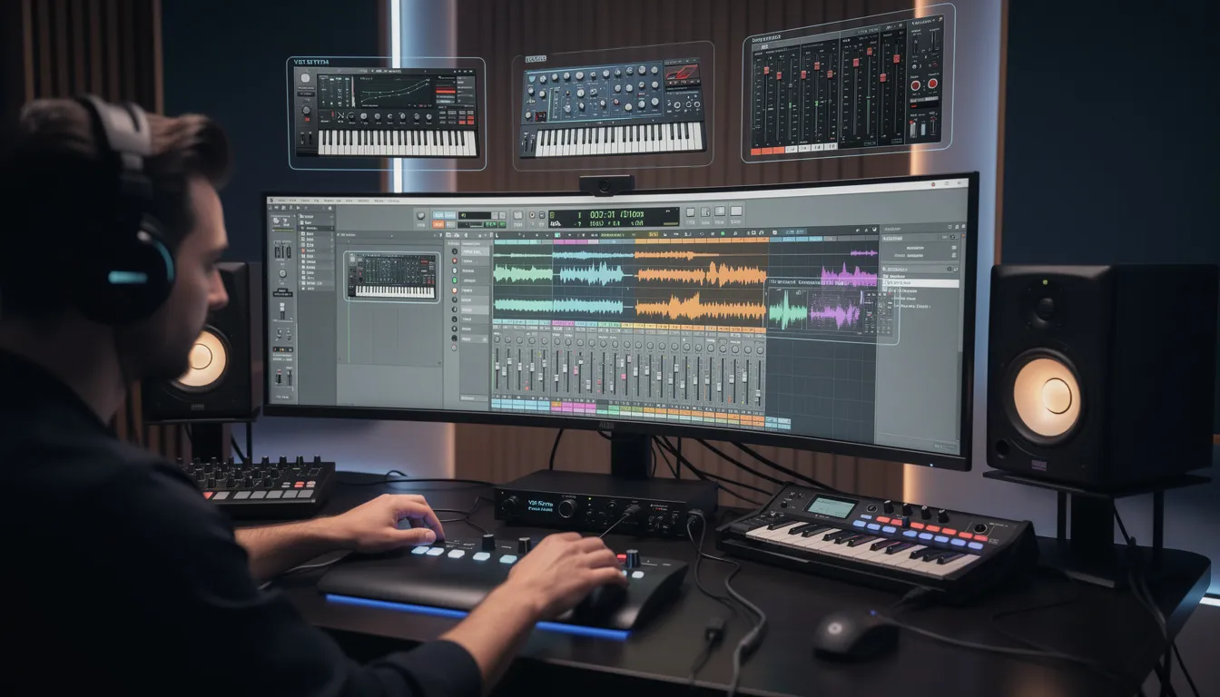 The image depicts a modern digital audio workstation (DAW) interface showcasing various VST plugins and virtual instruments used for music production. It highlights the software's capabilities for audio recording, sound design, and generating high-quality sounds through MIDI input and audio effects.