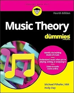 Book cover of Music Theory for Dummies, featuring colorful musical notes and learning tips.