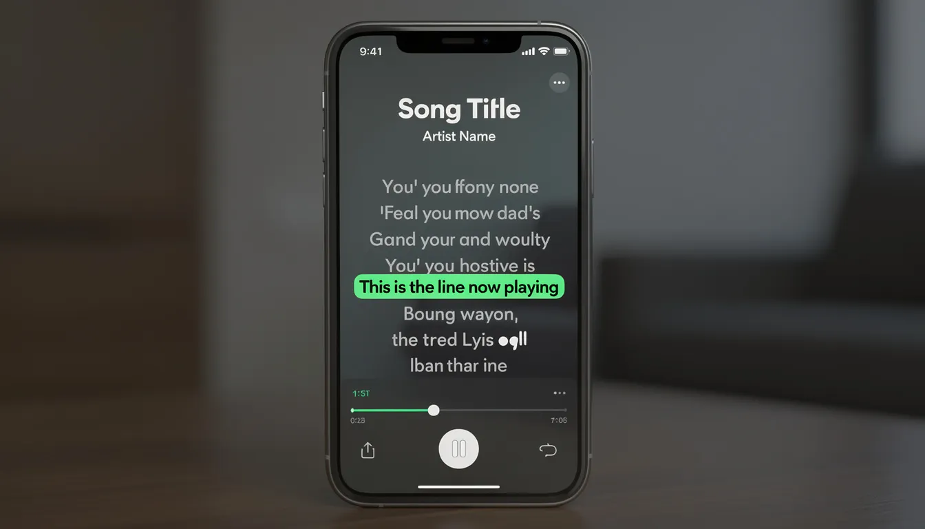 The image showcases the Spotify app interface displaying song lyrics, featuring the "genius lyrics" option that allows users to sync and add annotations for a deeper understanding of the music. The display highlights the community aspect of Spotify, where listeners can connect and explore the meaning behind their favorite songs.
