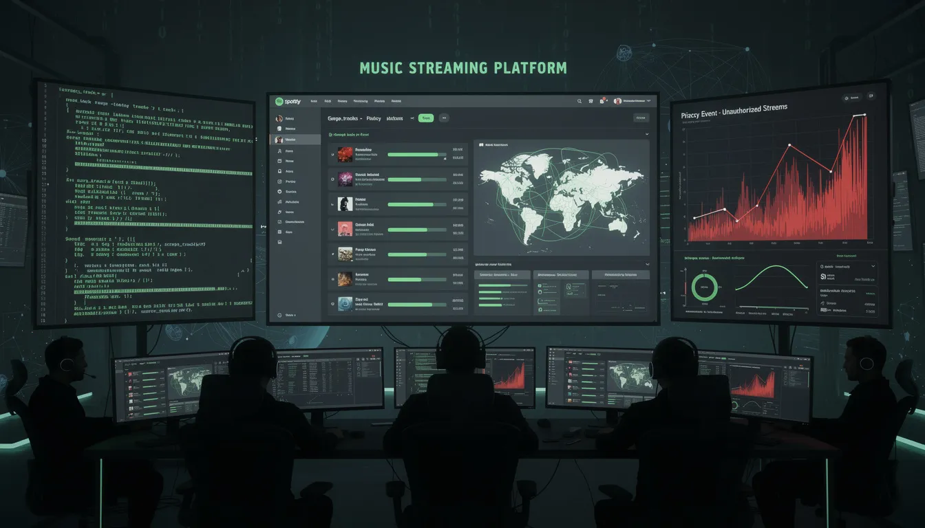 The image depicts a digital representation of a "Spotify scraped piracy event," highlighting the ongoing issues of music piracy within the streaming service industry. It illustrates the tension between users seeking access to music files for free and the copyright violations impacting artists and the music industry.