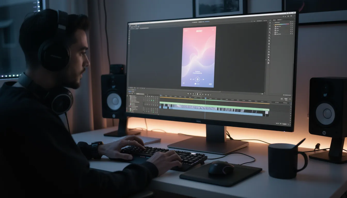 An artist is focused on creating a Spotify canvas on their computer, designing animated visuals to accompany music tracks. The screen displays vibrant images and video loops that will enhance the now playing view for listeners on the Spotify app.