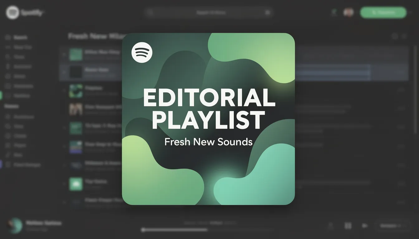 An image depicting a vibrant Spotify interface showcasing various editorial playlists curated by Spotify's editorial team, highlighting new music and tracks from independent artists. The playlists are designed to engage listeners and promote music through personalized and algorithmic Spotify playlists, encouraging fans to discover fresh sounds.