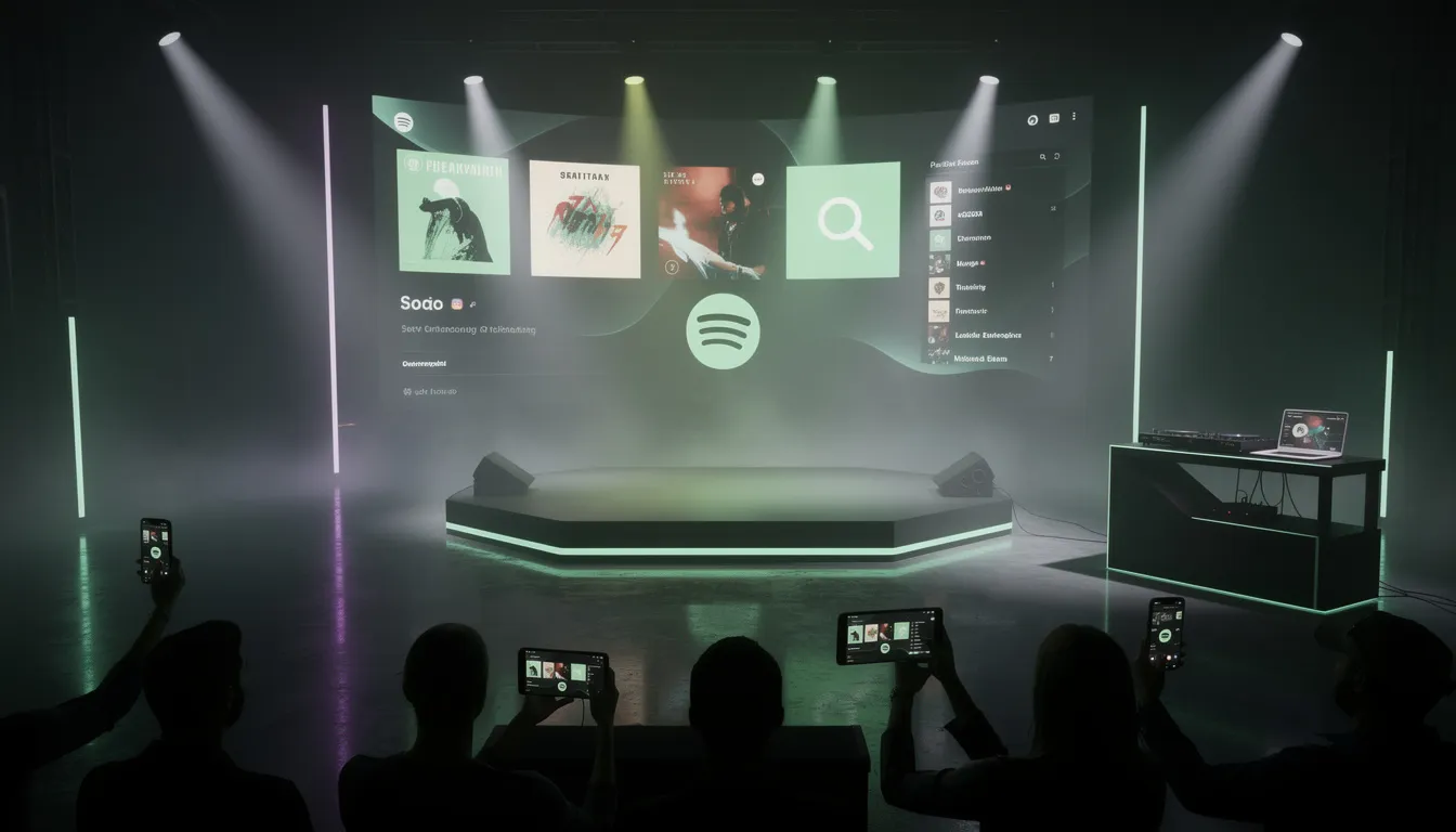 The image showcases a vibrant Spotify interface highlighting a marquee campaign designed to promote new music releases, featuring a full-screen recommendation banner that engages both free and premium listeners. It emphasizes audience growth strategies for indie artists, encouraging them to dive deeper into their catalog tracks and connect with existing fans while attracting new listeners.