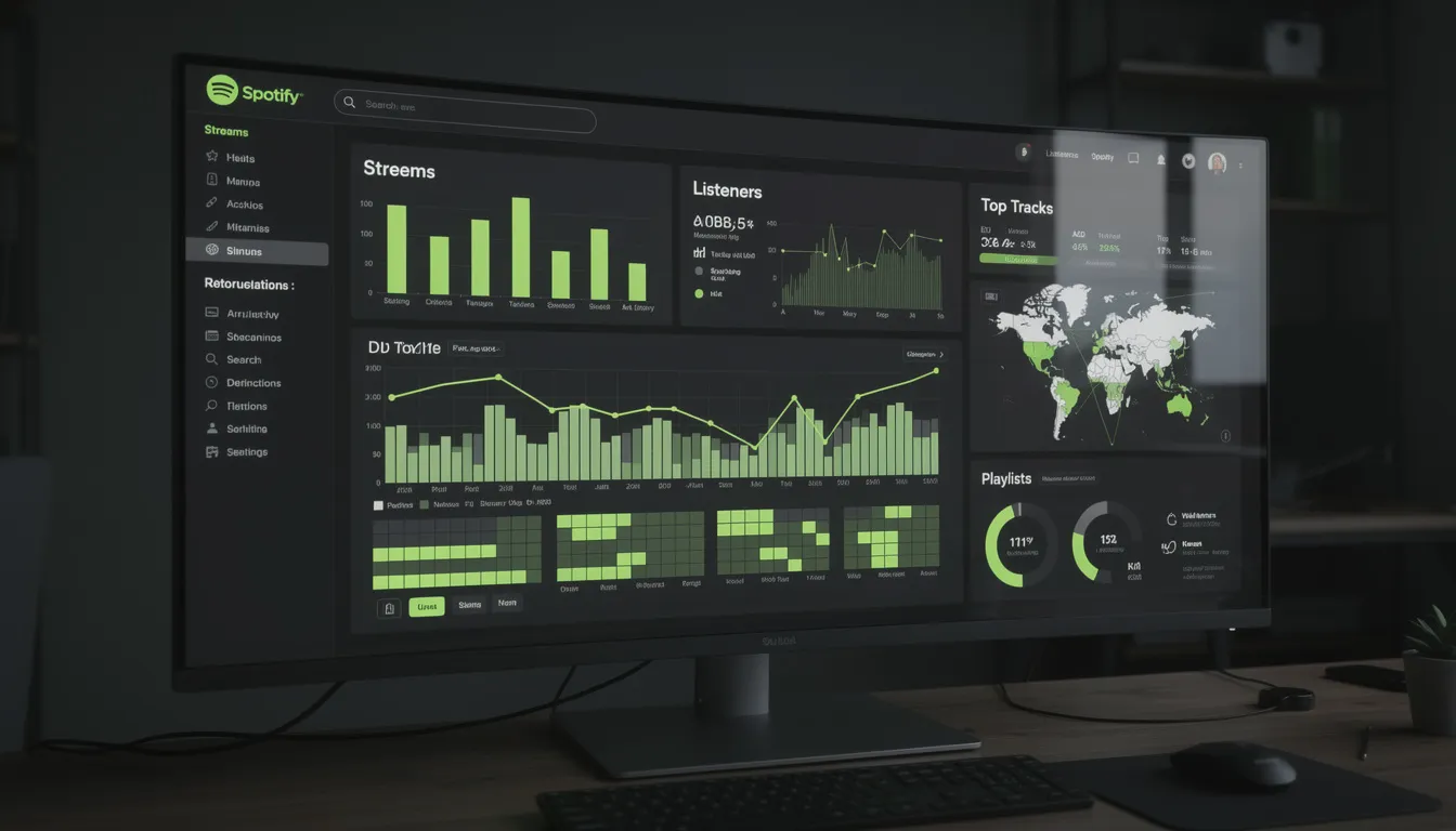 The image showcases a dashboard displaying Spotify analytics, featuring key metrics like monthly listeners, top tracks, and audience demographics. This visual representation helps artists and users understand their music data, track performance, and engage with fans effectively.