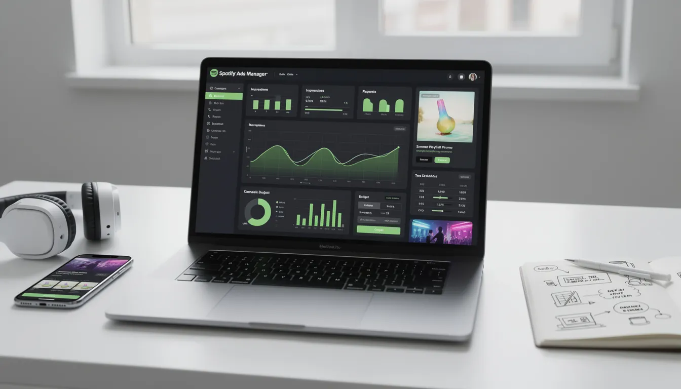 The image depicts the Spotify Ads Manager interface, showcasing various features such as ad formats, campaign management tools, and analytics for advertisers. It highlights how users can connect their accounts to review conversions, track performance, and manage audio and video ads effectively within the Spotify platform.
