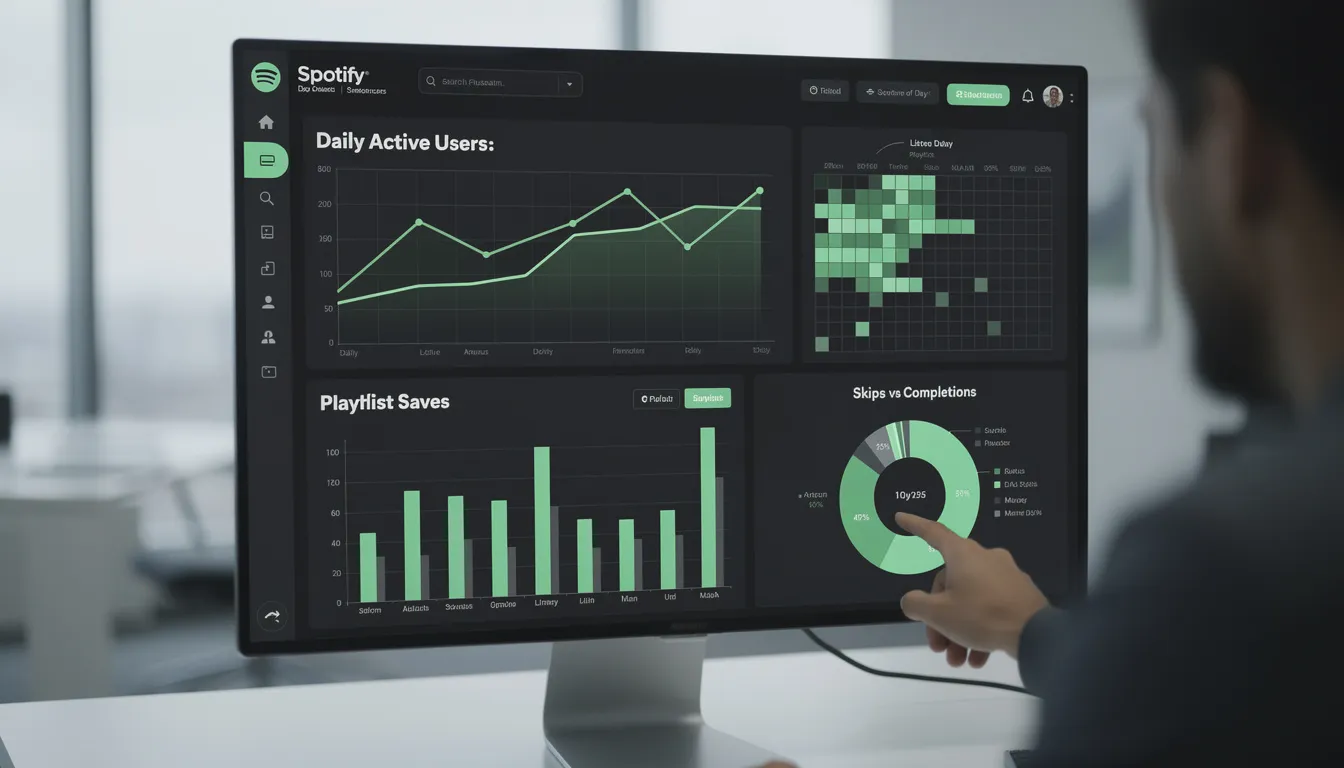 The image displays a detailed overview of Spotify engagement metrics, highlighting key statistics such as monthly listeners, active audience, and playlist adds. It provides insights into user engagement and the effectiveness of personalized playlists, helping artists and marketers make informed decisions for long-term growth.