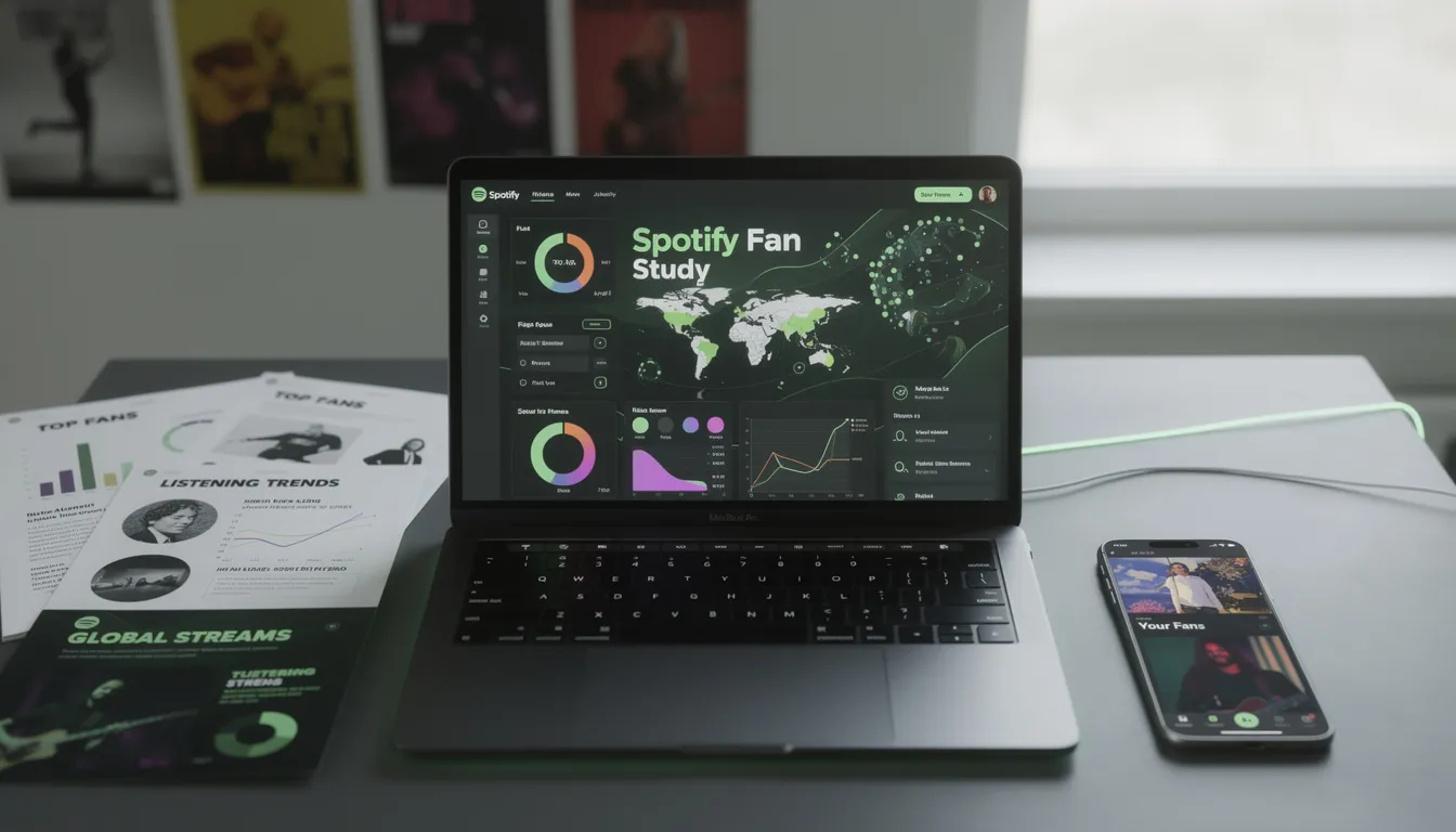 The image depicts a detailed report on the "Spotify Fan Study," showcasing insights into artist profiles, including their monthly listeners and the most loyal segments of fans. It highlights trends in music consumption, emphasizing the connection between super listeners and their engagement with new releases and playlists on the platform.