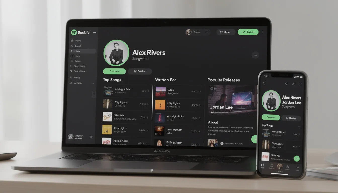 The image showcases a collection of Spotify songwriter pages, featuring various artists and their song credits. It highlights the contributions of songwriters and producers in pop music, allowing listeners to discover their favorite songs and explore new releases through playlists and artist pages.