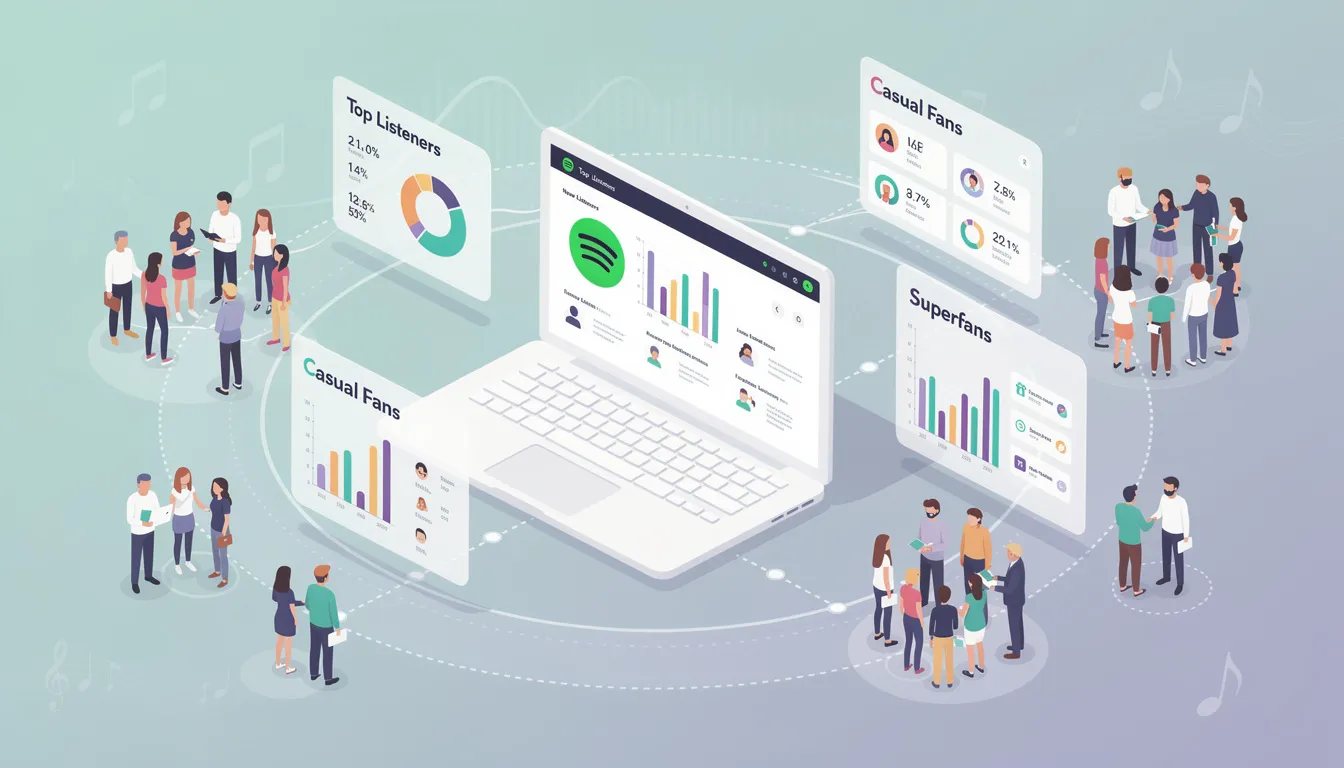 The image illustrates various Spotify audience segments, showcasing detailed stats on monthly listeners, top songs, and engagement metrics. It highlights the performance of artists and their music across Spotify playlists, including editorial playlists and charts, providing insights into audience interests and reach.
