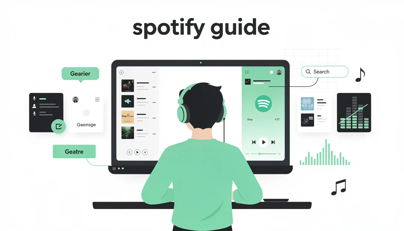 The image features a Spotify for Artists guide, showcasing various tools and resources available for artists to enhance their Spotify presence. It highlights key elements such as the artist profile, music tab, and promotional activities aimed at connecting with new listeners and engaging with their audience.