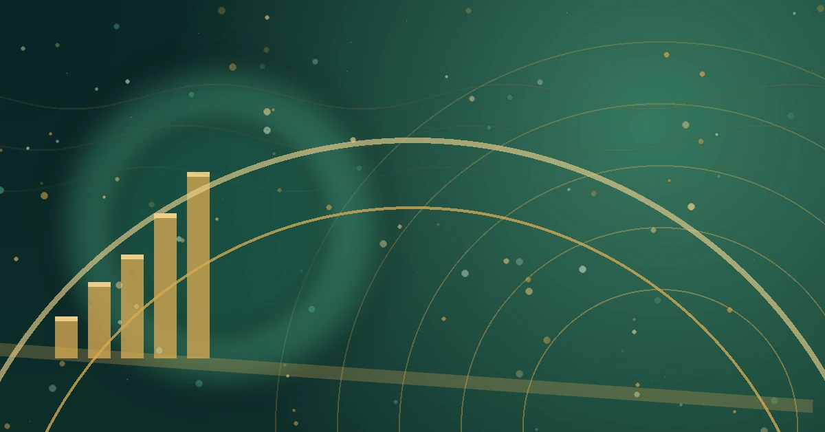 Abstract green background with gold bar chart rising upward, overlaid with curved lines and dots suggesting growth, data trends, and analytics.