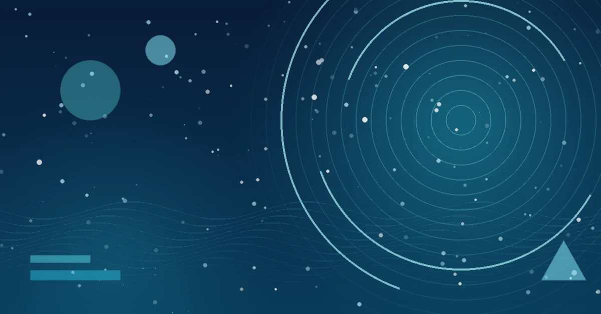 Abstract blue space-like graphic with scattered dots, wavy lines, floating circles, and concentric rings on the right.