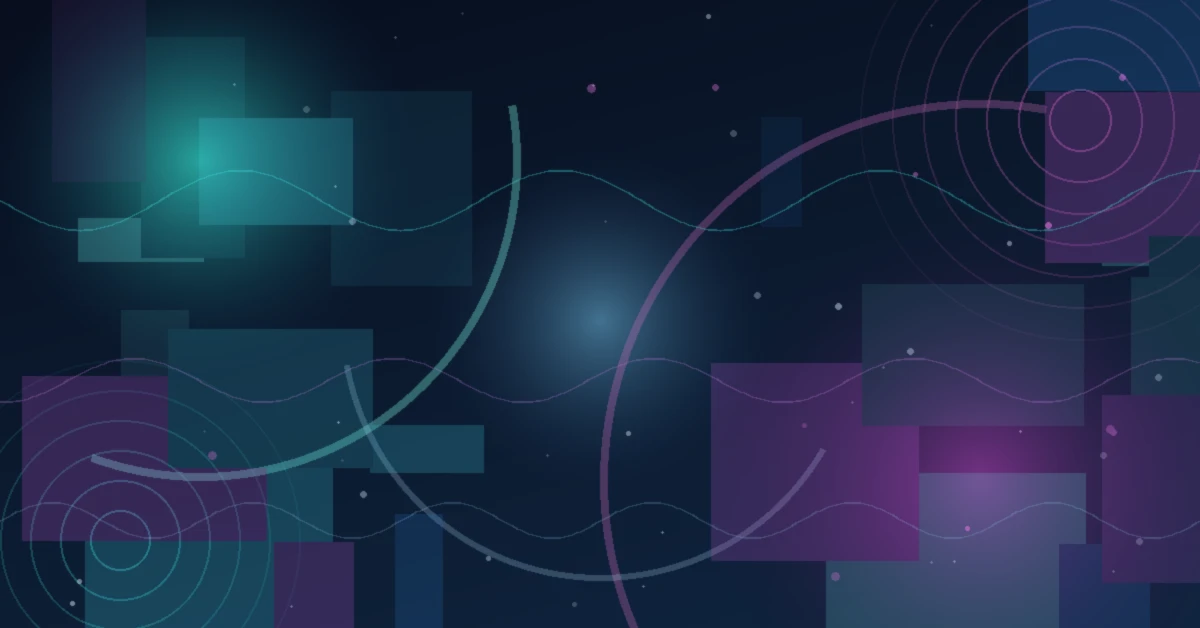 Abstract digital background with layered translucent squares, flowing wave lines, and circular patterns in teal and purple on a dark blue gradient, evoking technology and data visualization.