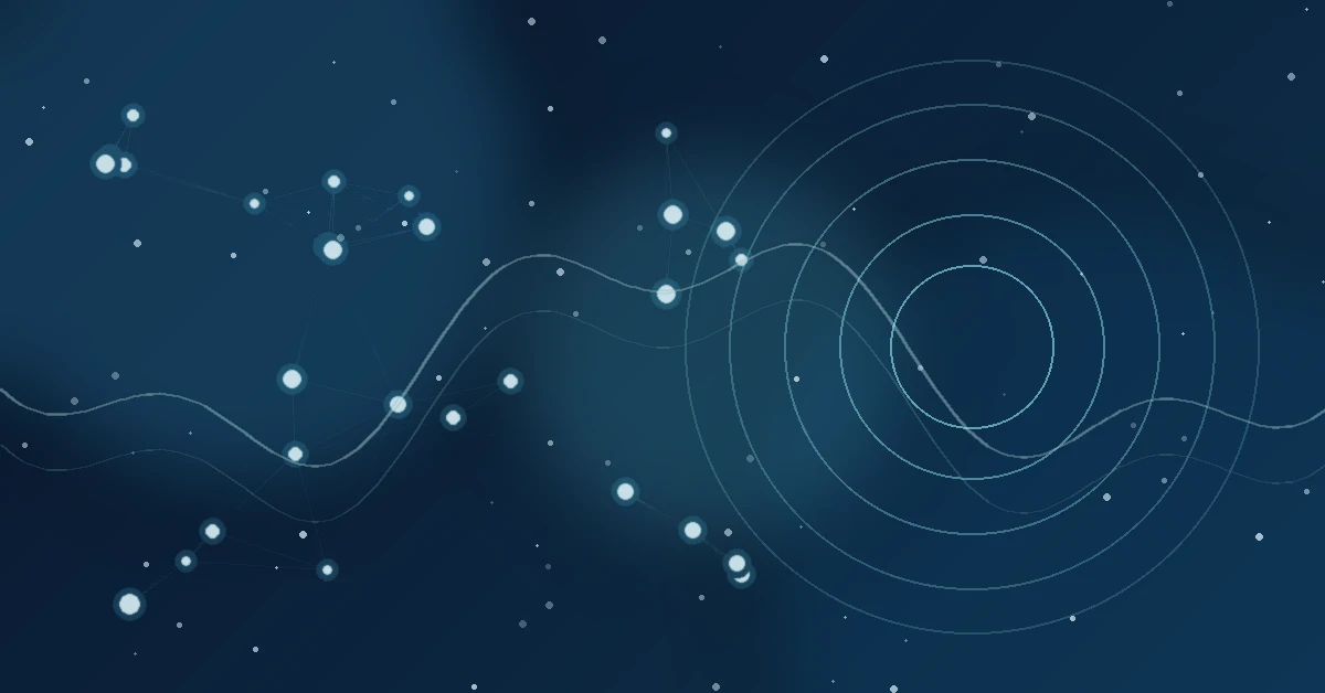 Abstract digital illustration of a dark blue background with glowing dots connected like constellations on the left, flowing wave-like lines across the center, and concentric circular rings on the right, evoking data, sound waves, or a futuristic network.