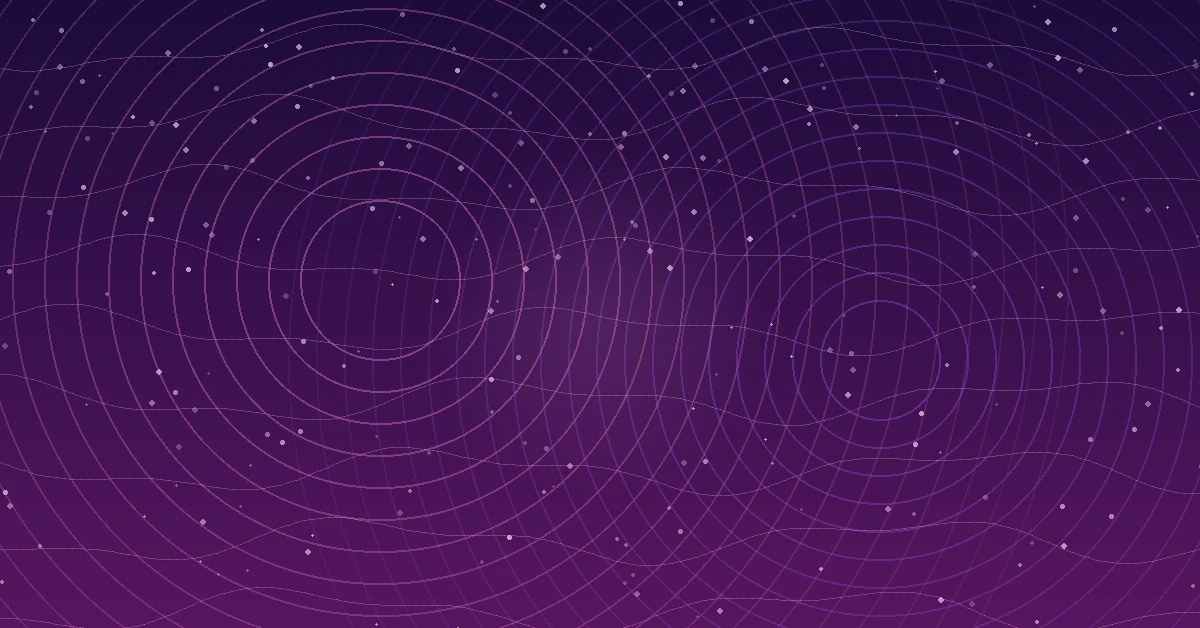 Abstract purple gradient background with concentric circular wave patterns, flowing grid lines, and scattered star-like dots resembling a digital cosmic map.