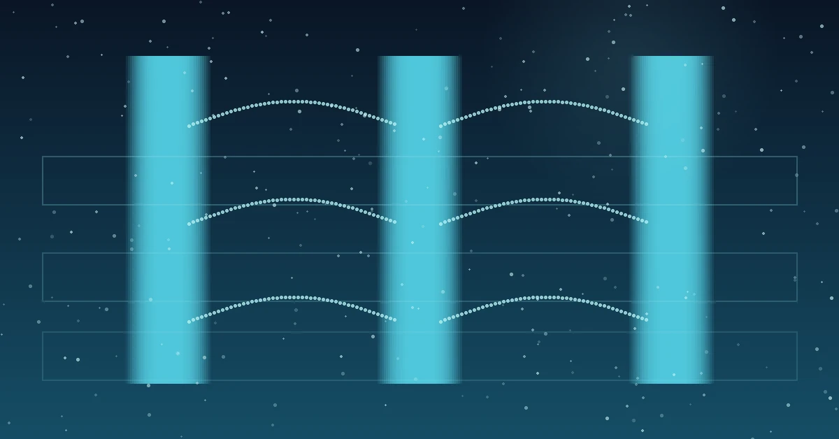 Abstract futuristic graphic featuring glowing vertical blue light columns, dotted wave patterns, and translucent rectangular frames against a dark starry background.