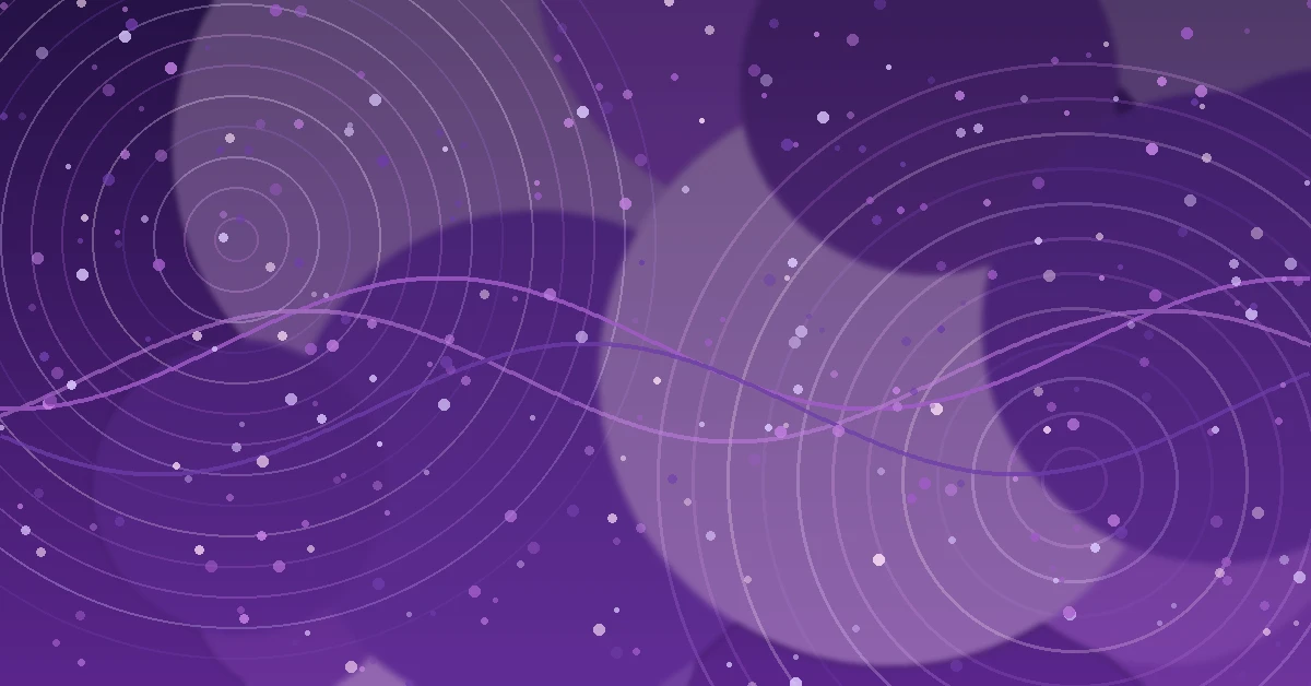Abstract purple background with concentric circular wave patterns, flowing curved lines, and scattered glowing dots resembling stars or audio signals.