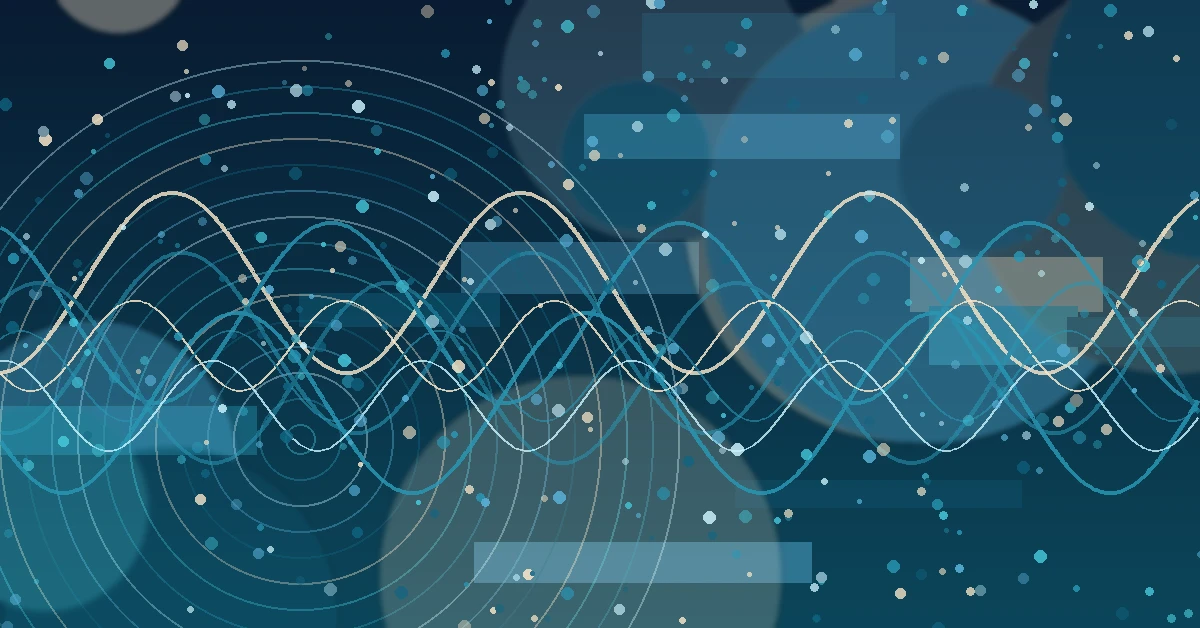 Abstract blue-toned digital artwork featuring overlapping sound waves, concentric circles, floating particles, and geometric overlays, evoking music production, audio technology, and signal processing.