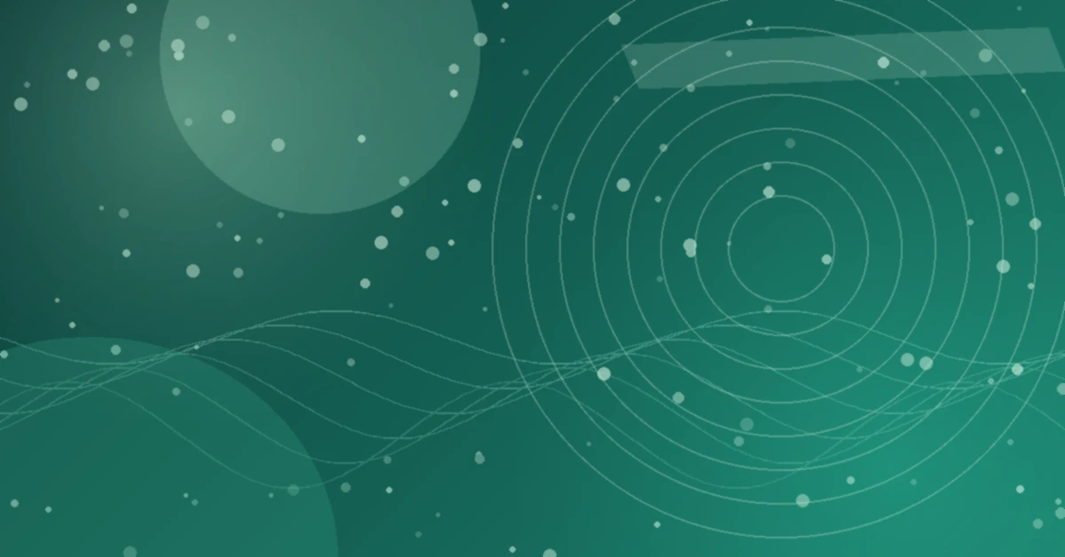 Abstract green digital artwork featuring concentric circles, flowing waveform lines, floating particles, and translucent geometric shapes, evoking music technology, audio signals, and electronic production.