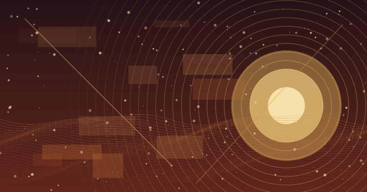 Abstract illustration with warm brown and gold tones, featuring concentric circles, flowing wave lines, scattered dots, and geometric overlays around a glowing central orb.