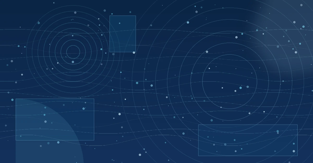 Abstract dark blue background featuring concentric circular patterns, flowing horizontal wave lines, scattered star-like dots, and translucent rectangular overlays in a futuristic data-visualization style.