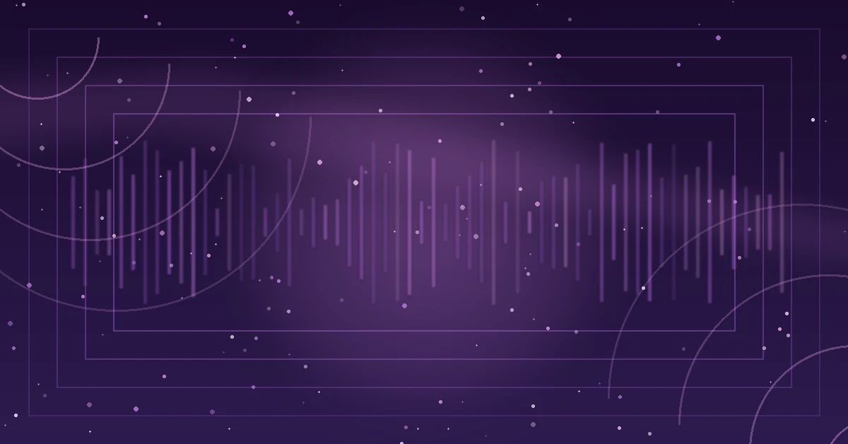 Abstract purple audio-themed background featuring glowing waveform bars, layered rectangular frames, circular arc patterns, and scattered star-like dots in a futuristic digital style.