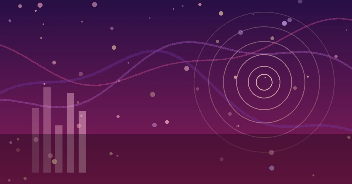 Abstract purple and pink graphic with floating dots, flowing waveform lines, concentric circles, and translucent bar charts on a dark gradient background.