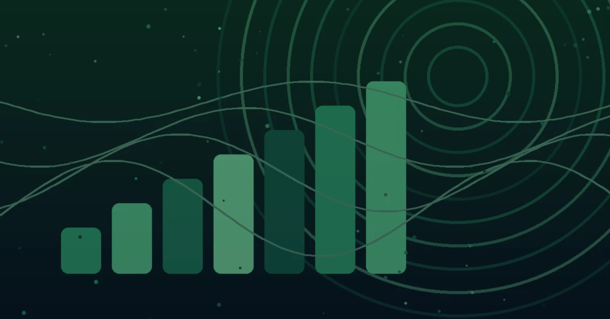 Abstract green-toned illustration featuring an ascending bar chart, flowing waveform lines, and concentric circular patterns on a dark background, symbolizing growth, analytics, music data, and industry trends.