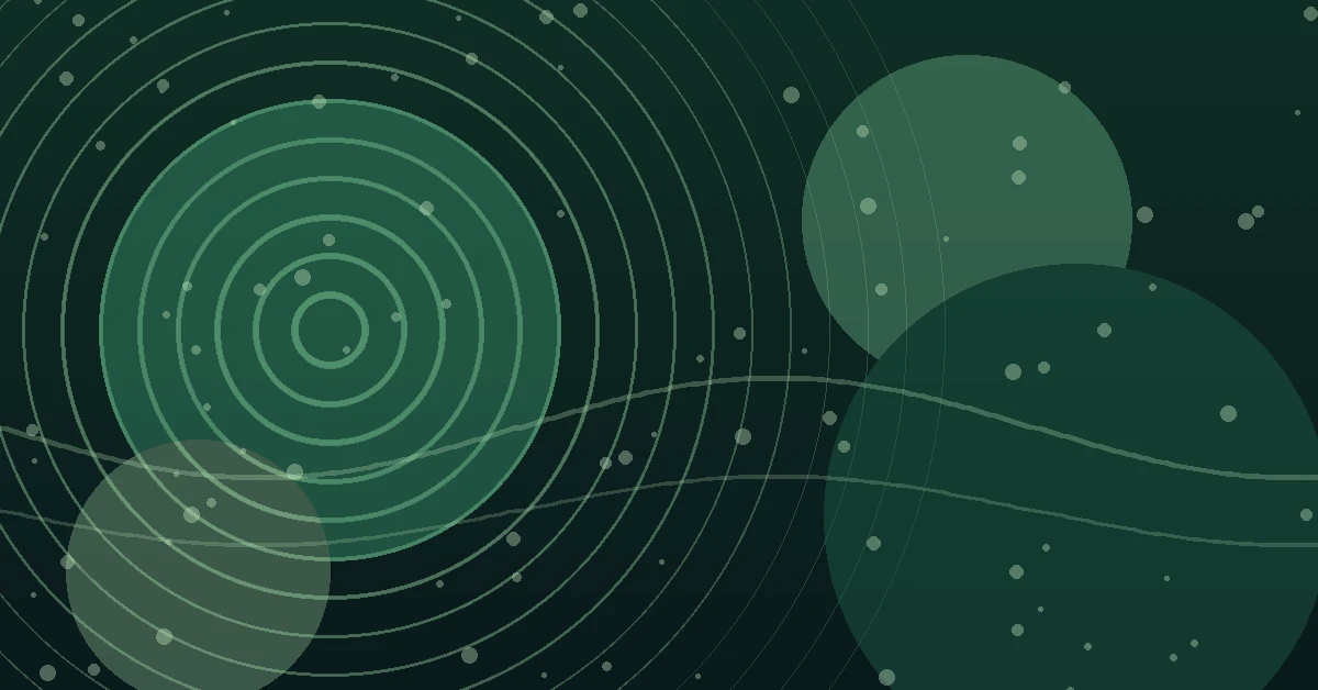 Abstract green illustration with concentric circles, floating dots, and curved lines on a dark teal background.