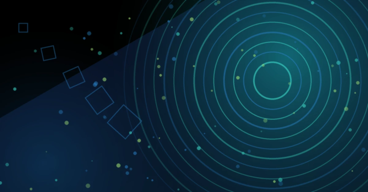 Abstract digital illustration featuring concentric blue and teal circles, floating geometric shapes, and scattered light particles on a dark background, representing interactive audio, technology, and gaming innovation.