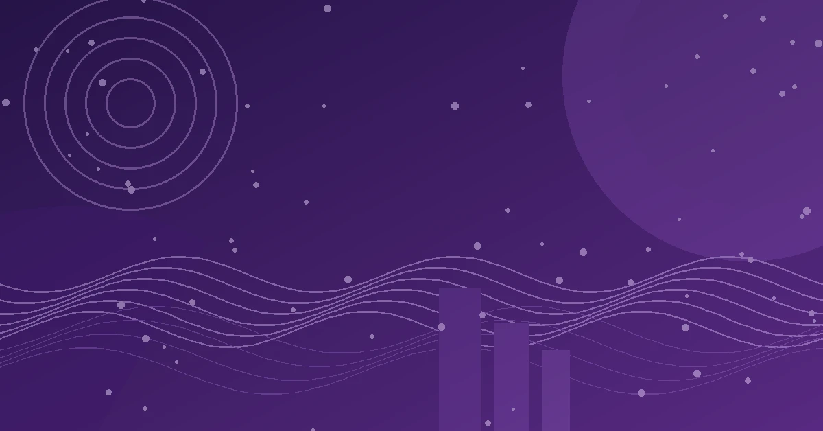 Abstract purple illustration with concentric ripple circles, scattered dots resembling stars, a large circular moon-like shape, flowing wavy sound-wave lines, and three bar-chart columns rising from the bottom, evoking music and market data.