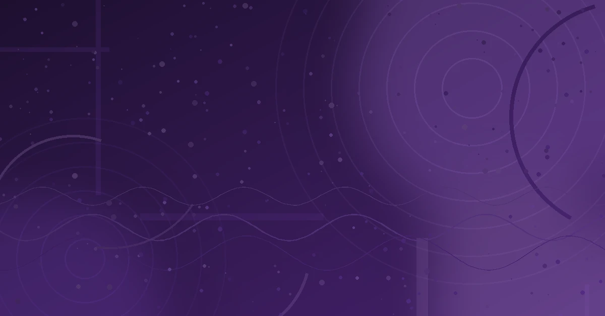 Abstract purple gradient background with radiating sound-wave circles, flowing wavy lines, and scattered particle dots, evoking music and streaming data.