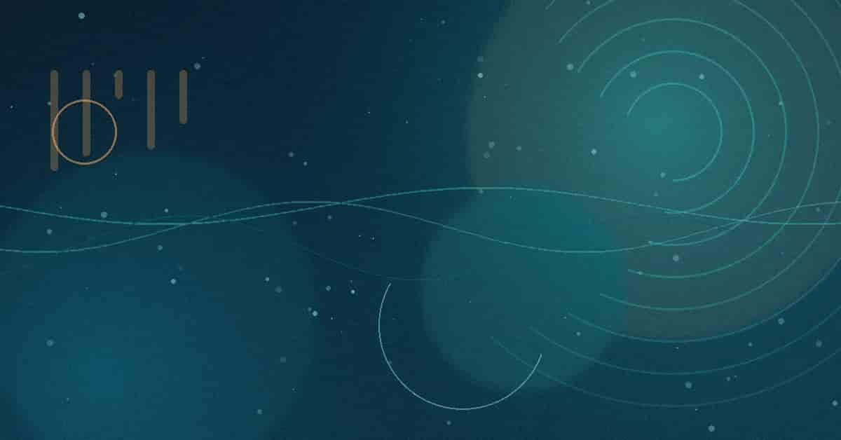Dark teal abstract illustration with flowing wave lines and a spiral motif, scattered light dots, and a small graphic of vertical bars and a circle in the upper left corner.