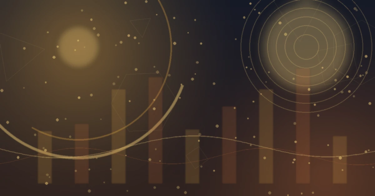 Dark amber abstract illustration with bar chart shapes, circular arc lines, concentric ring motifs, and scattered light dots on a deep brown background.