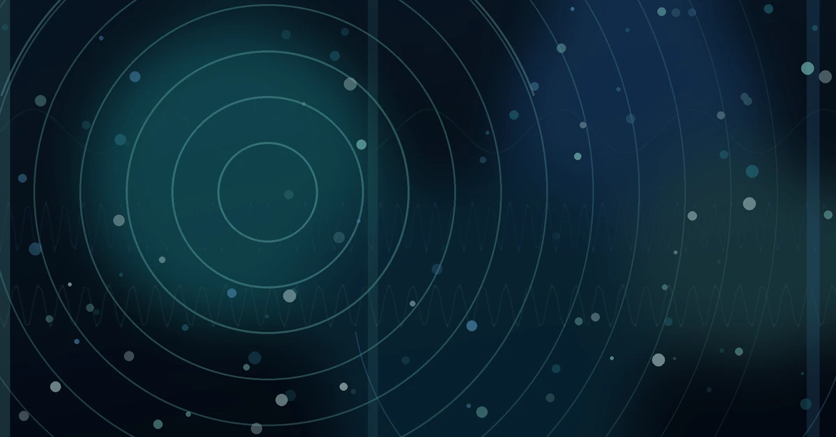 Abstract radar graphic with concentric circles and scattered light points on a dark teal and navy background, suggesting signal detection and sound wave propagation.