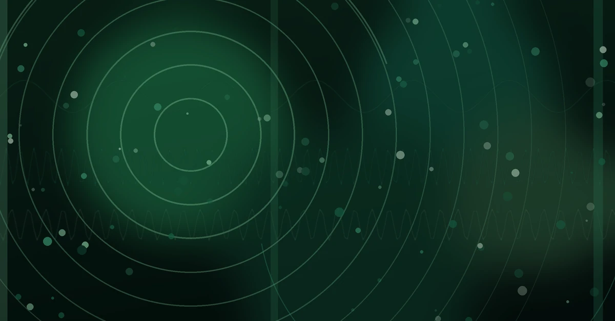 Abstract radar graphic with concentric circles and scattered light points on a dark green background, suggesting signal detection and sound wave propagation.