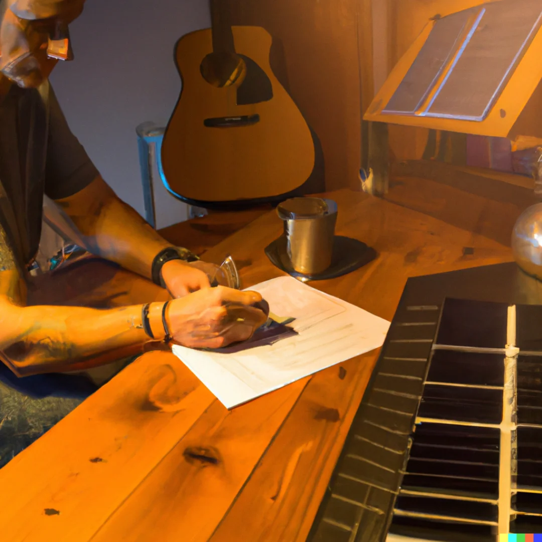 A musician writing on a sheet of paper at a desk, with an acoustic guitar and a keyboard behind them.