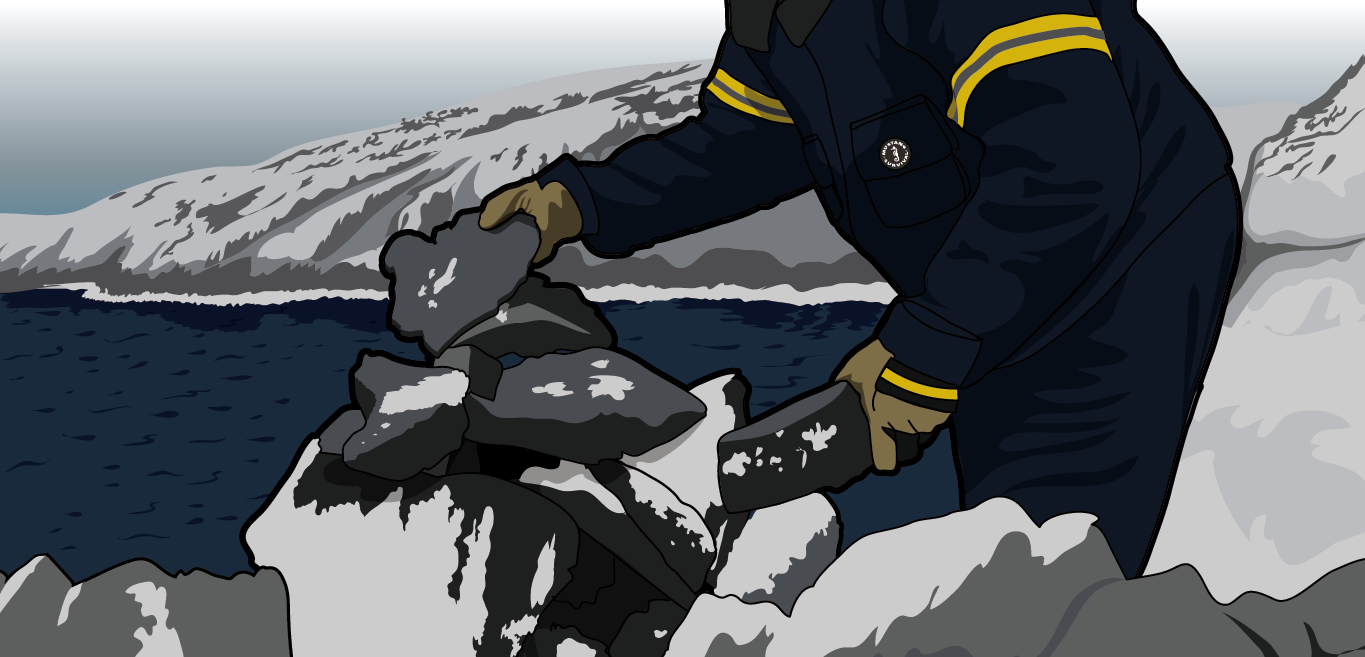 Illustration of a person assembling a hunting blind using large rocks and small boulders