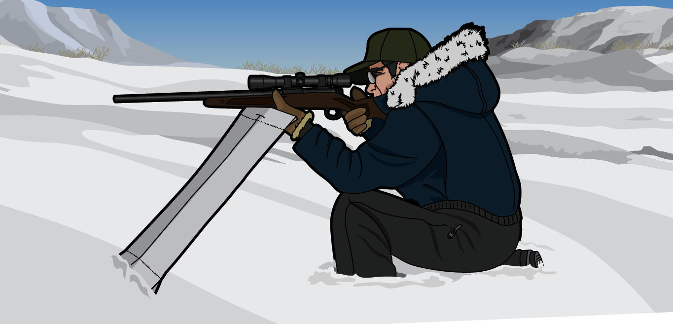Illustration of a man in a snowy field behind a blind aiming a firearm