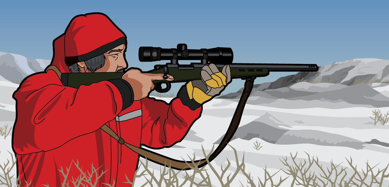 Illustration of a hunter in a field aiming a firearm