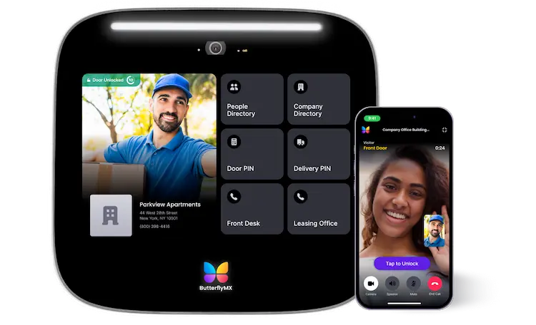 ButterflyMX entry panel and resident mobile video call view