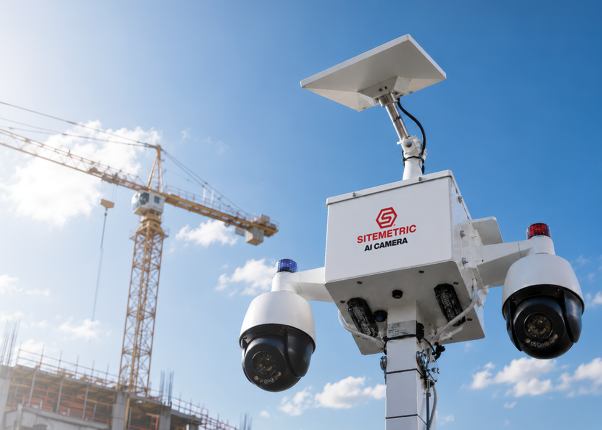 Sitemetric AI Camera installed on an active construction site for AI-powered safety, security, and workforce monitoring.