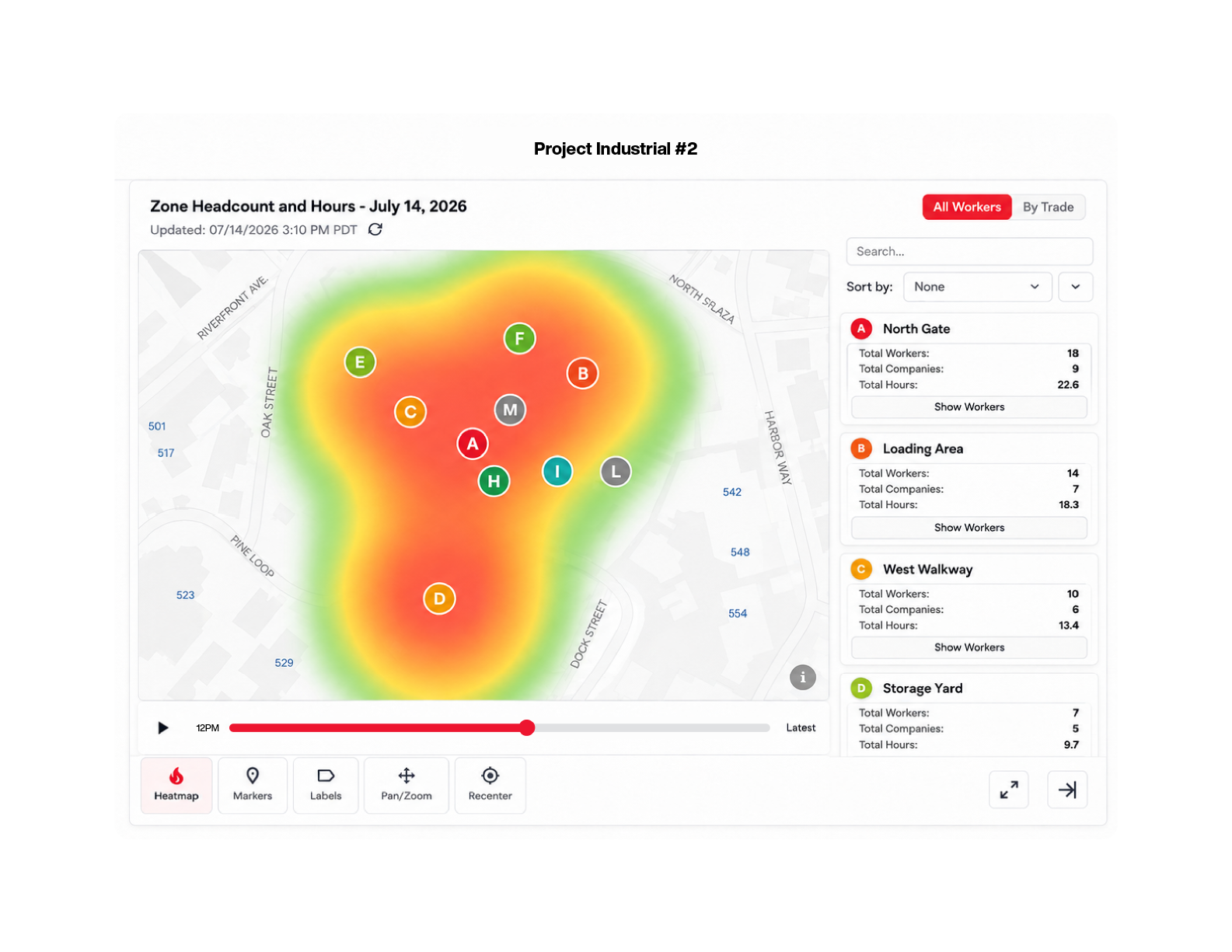 Zone Intelligence desktop view showing a live workforce heat map with zone-level headcount, hours, and company breakdowns.