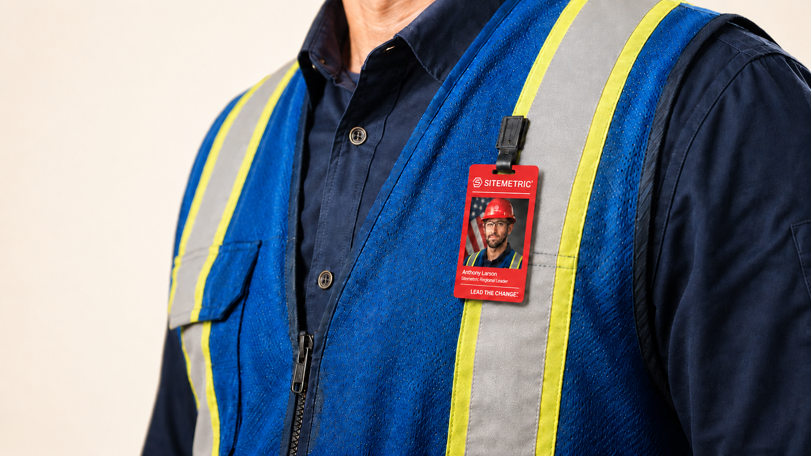 Sitemetric worker badge showing photo, name, trade, and company