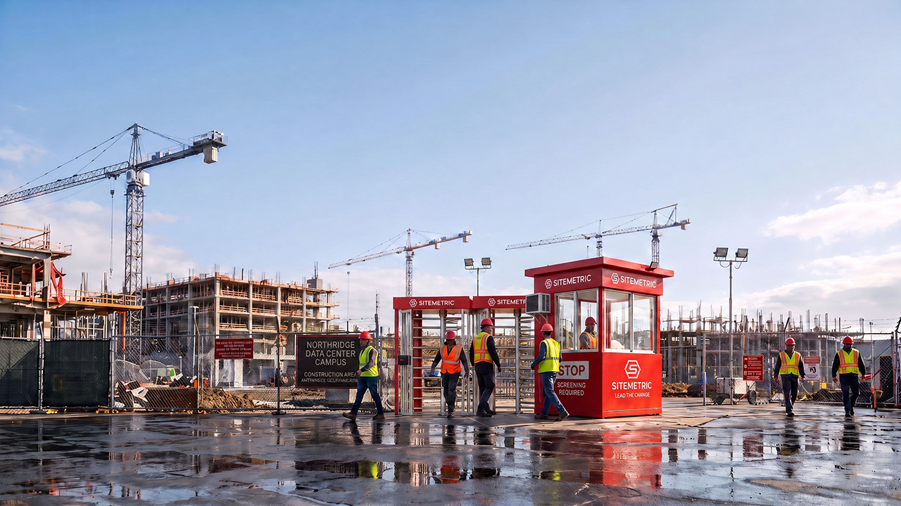 Construction site perimeter fence and controlled entry gate at dusk