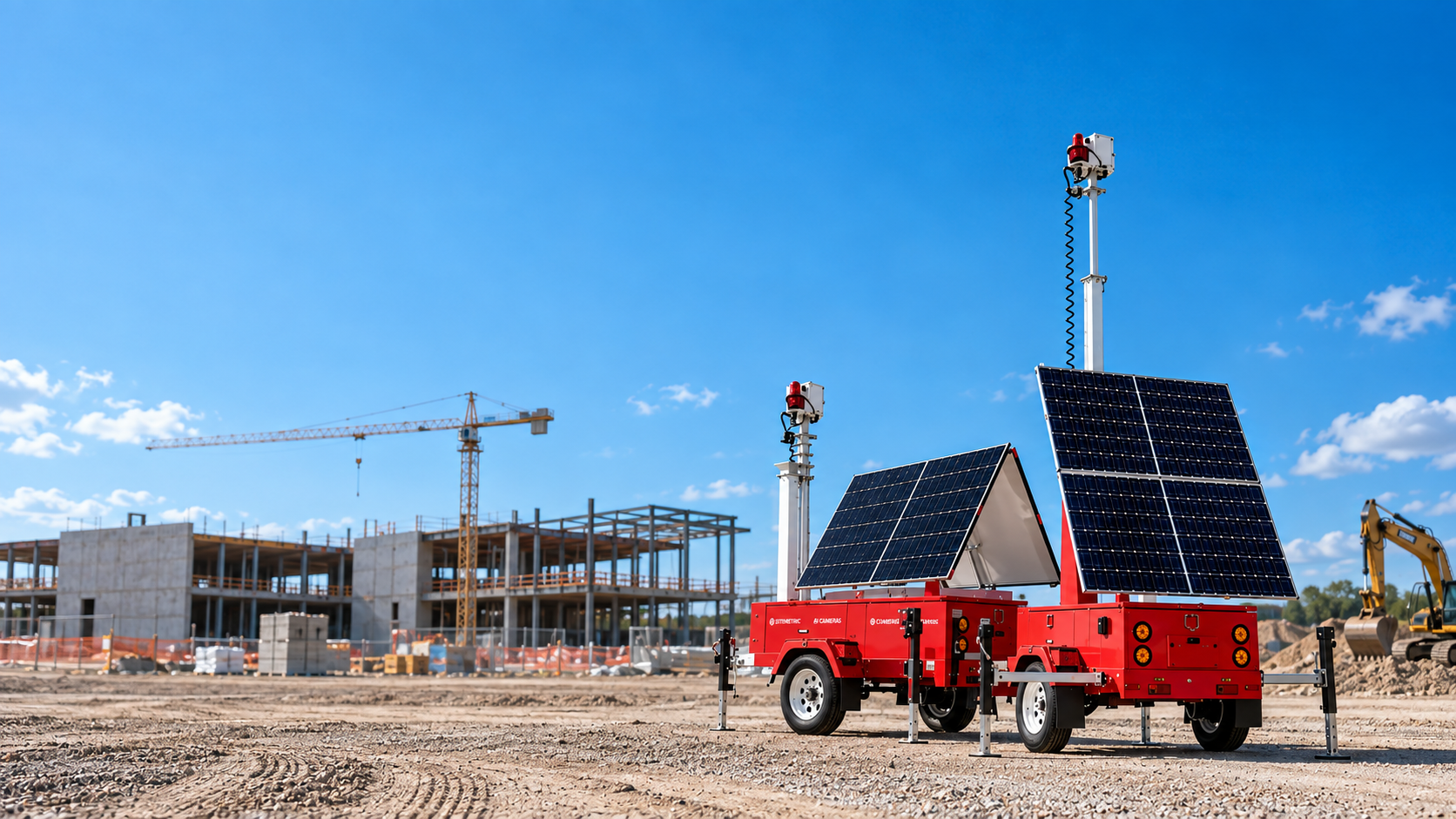Towable solar camera trailer deployed on a construction site perimeter