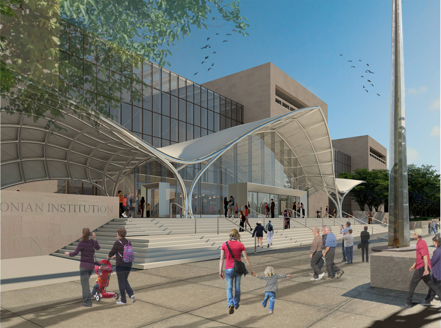 A photo rendering of families walking toward the entry to the National Air and Space Museum.