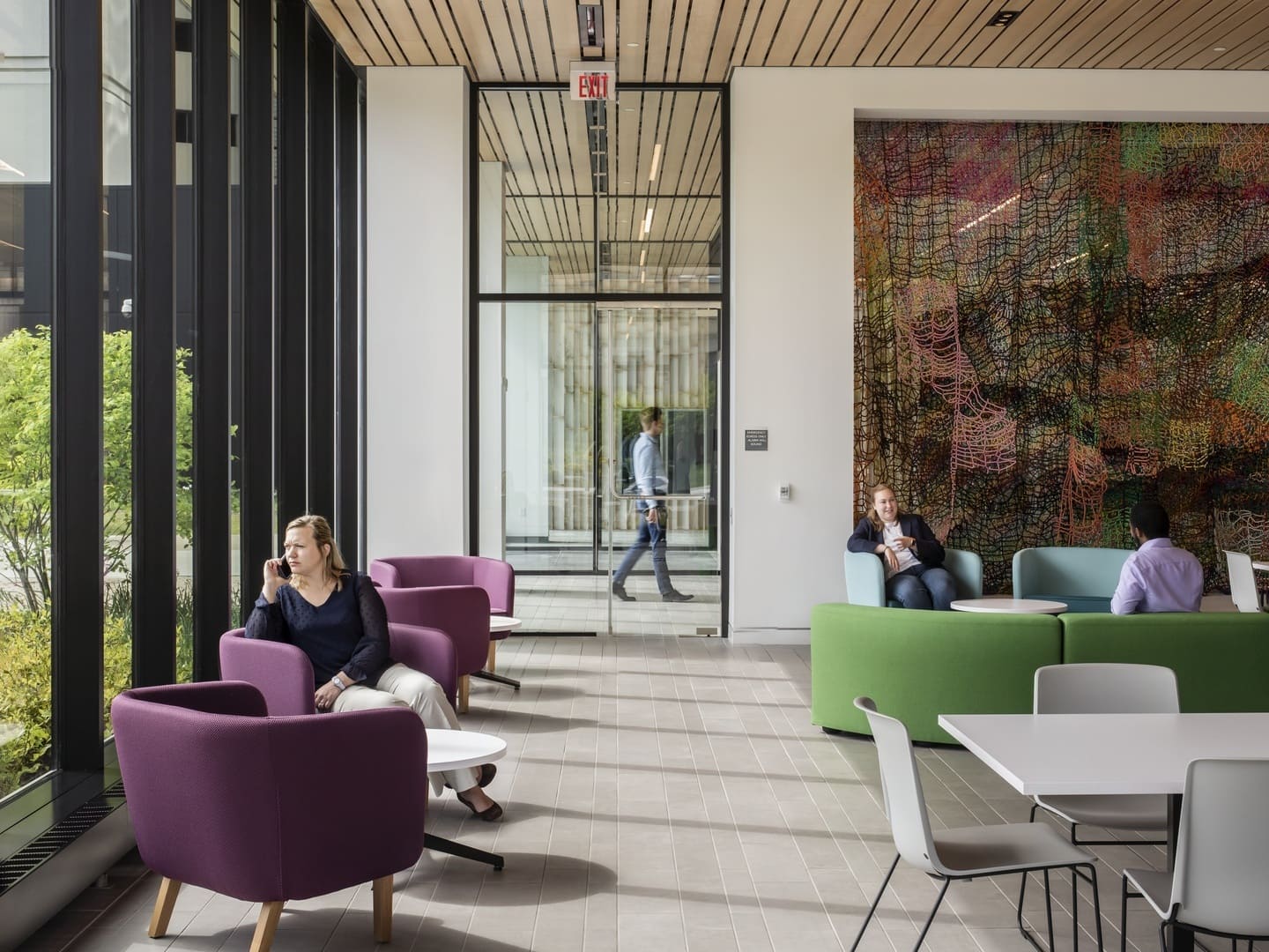 A sunny office building lobby.
