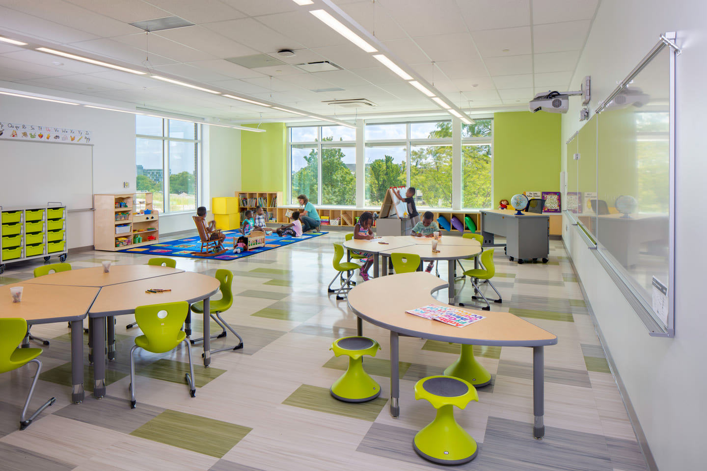 An interior photo of an elementary school classroom.